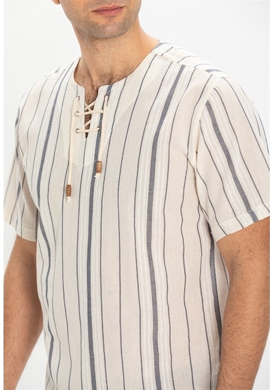 Kısa Kol Şile Bezi Zımbalı Erkek Tshirt Ekru Gri Çizgili 3028