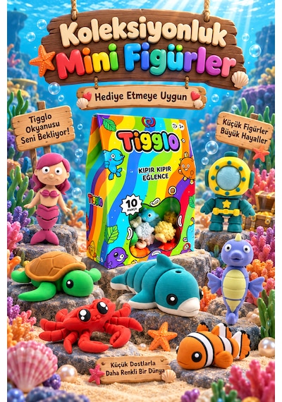 Tigglo 10'lu Hareketli Mini Hayvan Ve Karakter Figür Oyuncak Seti Çiftlik, Okyanus, Safari Ve Orman Tema Seçenekleri Okyanus Hayvanları