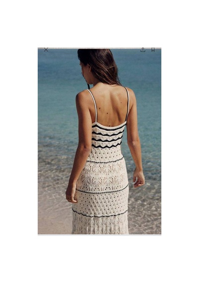 Asur Boutique Asur Butik Askılı Triko Elbise Uzun Ajurlu Bej Renk Astarsız Plaj Elbisesi