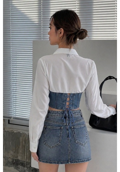 Tarz Cool Kadın Kot Korse Detaylı Özel Tasarım Slim Gömlek Beyaz
