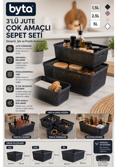 3'lü Jüt Desenli Çok Amaçlı Düzenleyici Sepet Seti 1,5l + 2,5l + 5l Siyah Siyah