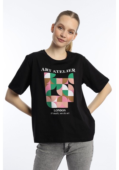 Kadın Art Atelier Baskılı Regular Fit Tişört Siyah