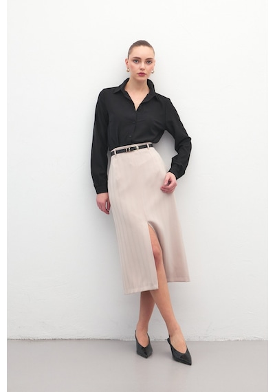 Sateen Anna Yırtmaçlı Etek - Bej-137173 Bej