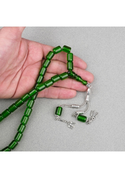 Ateş Kehribar Alpaka Püsküllü Kapsül Kesim 9x12mm Tesbih - Şeffaf Yeşil