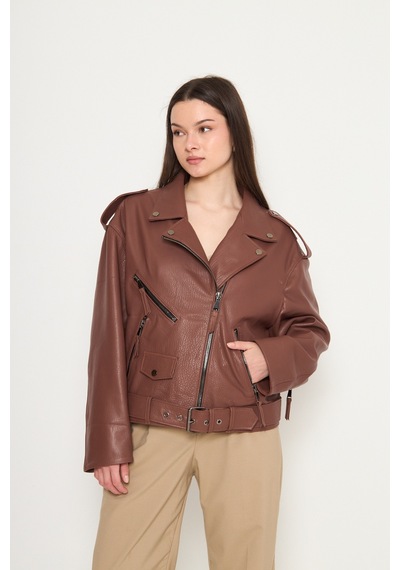 M M Marki Marki Kadın Hakiki Jumbo Deri Ceket Biker Tarz, Kemerli, Oversize, Apoletli, 65 Cm, Kahverengi - 116622x