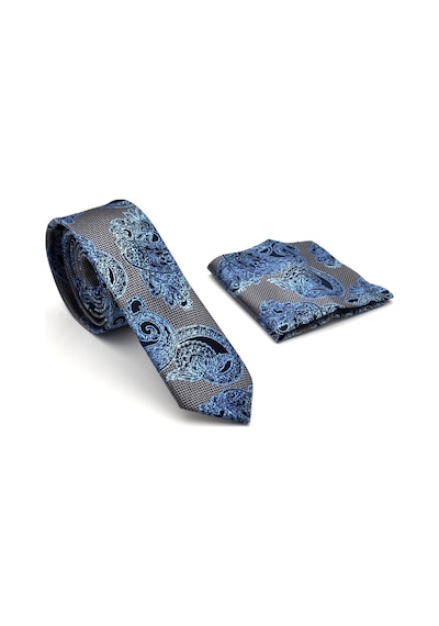 Gaffy Mavi Lacivert Şal Desenli Gri Dokuma Kumaş Mendilli Slim Fit Kravat // Sdk-240115 Çok Renkli