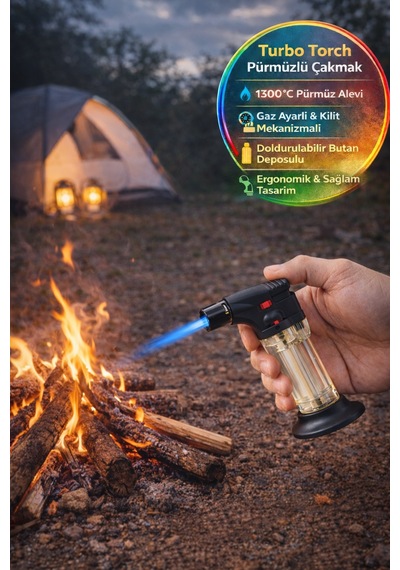 Turbo Torch Pürmüzlü Çakmak 1300 C Jet Alev Gaz Ayarlı Kilitli Doldurulabilir Torch Çakmak