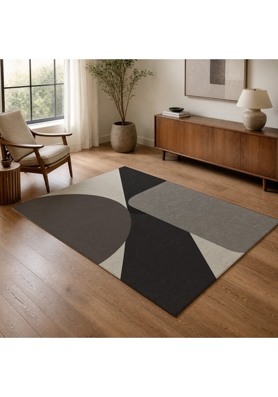 Kartela Halı Kesişim Geometrik Modern Halı Antrasit Kaymaz Taban Makinede Yıkanabilir 120x180 Cm