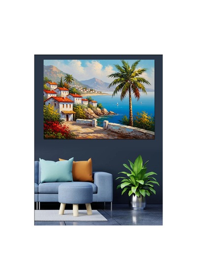 Deniz Manzaralı Çiçekli Balkon Köşesi Yağlı Boya Dokulu Kanvas Tablo Canvas Tablosu