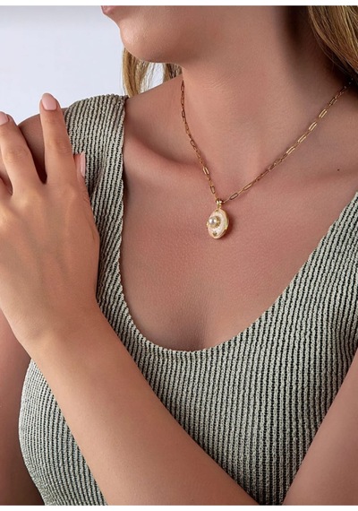 Lunarie İnci Detaylı Açılır Madalyon Kolye 14k Gold Paperclip Krem