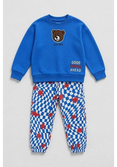 Mamy Kids Erkek Çocuk Ayıcık Baskılı Sweat Ve Damalı Eşofman Takım Mavi