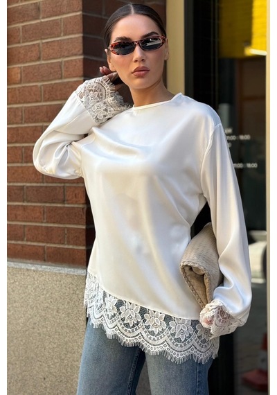 Madmext Beyaz Asimetrik Dantelli Uzun Kollu Saten Bluz Mg2799