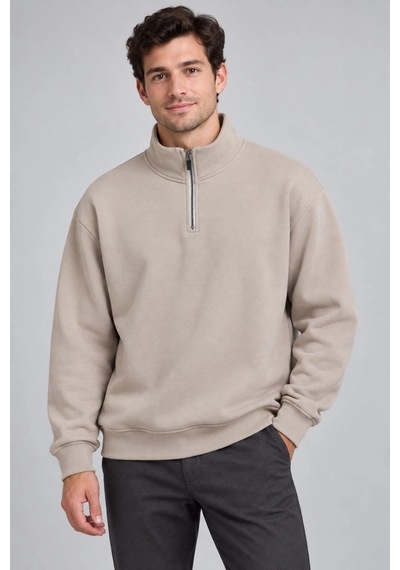 Barlashive Erkek Üç İplik İçi Şardonlu Dik Yaka Yarım Fermuarlı Kışlık Sweatshirt - Bej Çok Renkli