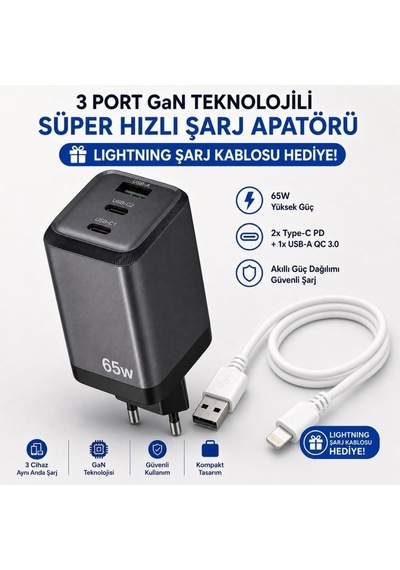 65w Gan 3 Çıkışlı Hızlı Şarj Başlığı Ve 67w Usba To Lightning Ve Hızlı Şarj Kablosu Hediye