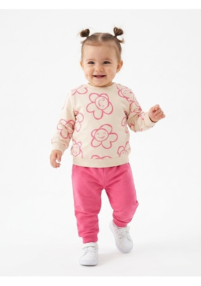 HelloBaby Pamuklu Çiçek Detaylı 2li Kız Bebek Takım Fuşya