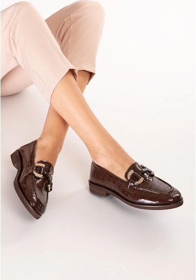 Gondol Kadın Hakiki Deri Tokalı Loafer Ayakkabı Crm.181 Kahve Croco