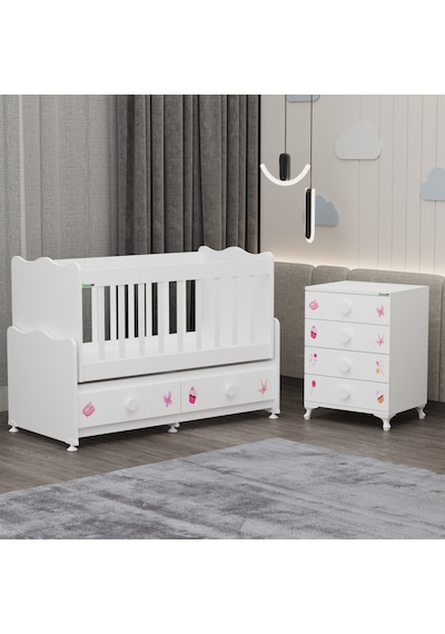 Elegant Mdf Çıtalı Beşik + Şifonyer - Prenses Beyaz