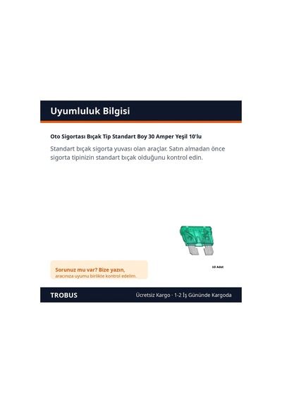 Trobus Oto Sigortası Bıçak Tip Standart Boy 30 Amper Yeşil 10'lu Diğer
