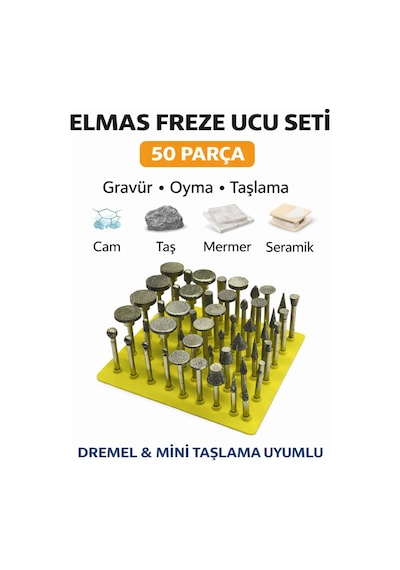 Senbang Elmas Freze Ucu Seti 50 Parça Dremel Uyumlu Cam Taş Mermer Seramik Gravür Taşlama Uçları