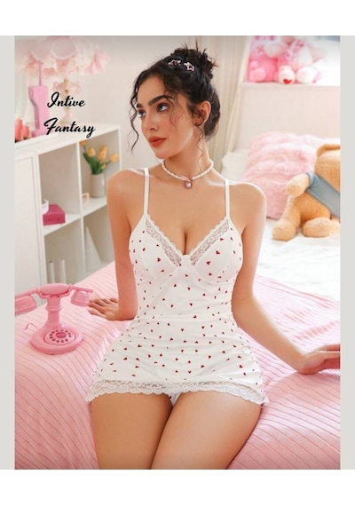 Intive Fantasy Mini Kalp Desenli İnce Askılı Eteği Dantel Detaylı Beyaz