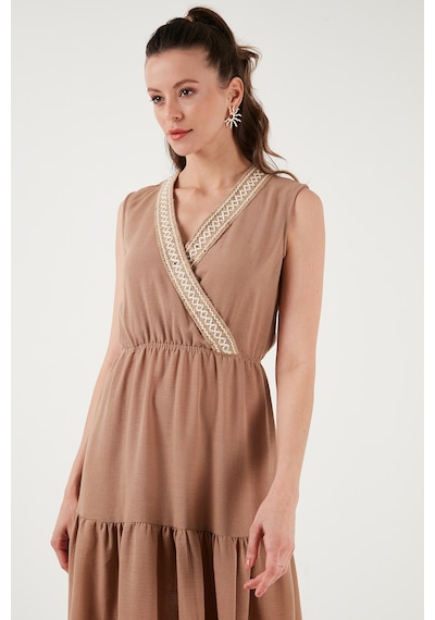 Lela Regular Fit Kruvaze Yaka Midi Bayan Elbise 6118103 Camel