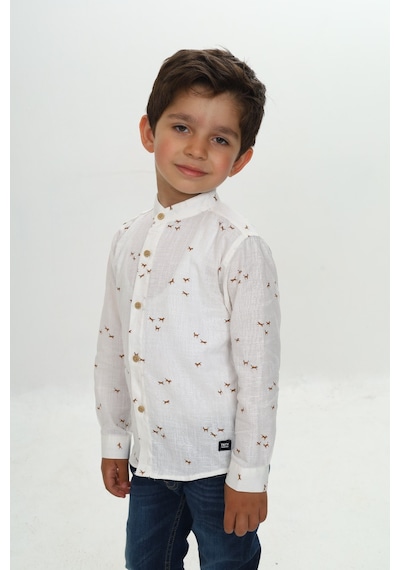Toontoy Kids Toontoy Erkek Çocuk Regular Fit Hakim Yaka Uzun Kollu Keten Görünümlü Gömlek - Animal Desenli Ekru