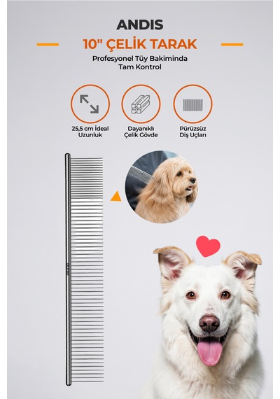 Andis 24 Cm Çelik Dayanıklı Kedi Köpek Kıtık Açıcı Ve Kabartma Tarağı