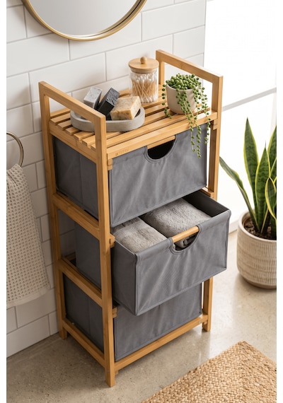 Robin Home Bambu 3 Raflı Çamaşır Sepeti Banyo Mutfak Organizeri Raflı Dolap Bej