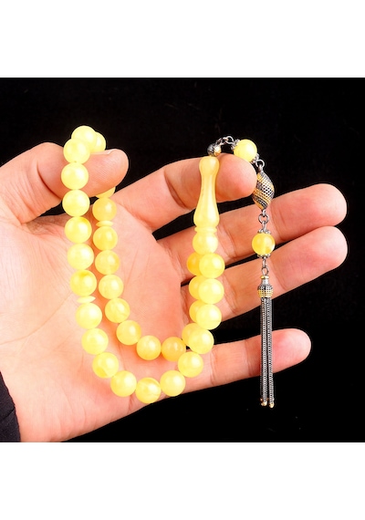 925 Ayar Gümüş Püsküllü 10 Mm Damla Kehribar Tesbih