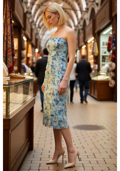 Benerly Kadın Straplez Kolsuz Çiçekli Payet Dokuma Maxi Elbise Bodycon Ke Mavi