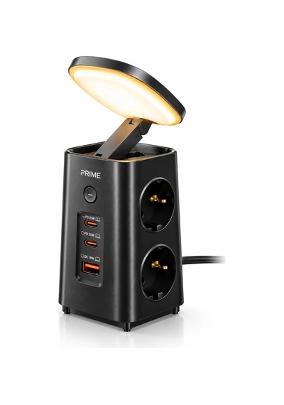 Exenar - Siyah - Akım Korumalı 4'lü Priz 20w Pd Hızlı Şarj Usb-a Ve 2x Usb-c Çıkışlı Katlanabilir Gece Lambalı Güç Ünitesi 1.9 M