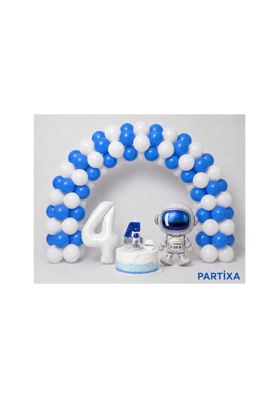 Uzay Temalı Astronot Seti -astronot Temalı Mum-mavi Beyaz Balon Zinciri Ve Rakam Folyo Balonlu Doğum Günü Konsepti Beyaz - Mavi