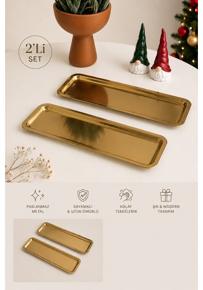 2'li Gold Renk Paslanmaz Çelik Dikdörtgen Sunum Ve Servis Tabağı Seti 33x13 Cm Kahvaltılık Pasta Meze İkram Tabağı Altın - 904089393 Altın 2'li Gold Renk Paslanmaz Çelik Dikdörtgen Sunum Ve Servis Tabağı Seti 33x13 Cm Kahvaltılık Pasta Meze İkram Tabağı Altın - 904089393 Altın