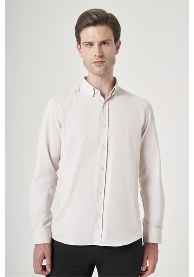 İmza Bej Düğmeli Yaka Oxford Slim Fit Pamuklu Gömlek 1004265284 Koyu Bej