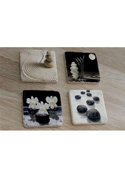 Spa Taşları Ve Kiraz Çiçeği Doğal Taş Bardak Altlığı 4'lü Set - Natural Stone Coasters-174115 Çok Renkli