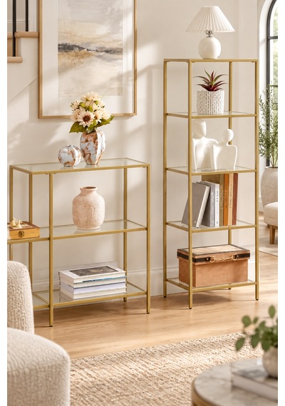 Teknor Gold Çerçeveli Şeffaf Cam Modern Salon Kitaplığı 40 Cm