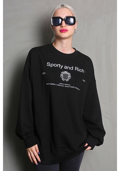 Siyah Bisiklet Yaka Baskılı Oversize Kadın Sweatshirt Mg1577