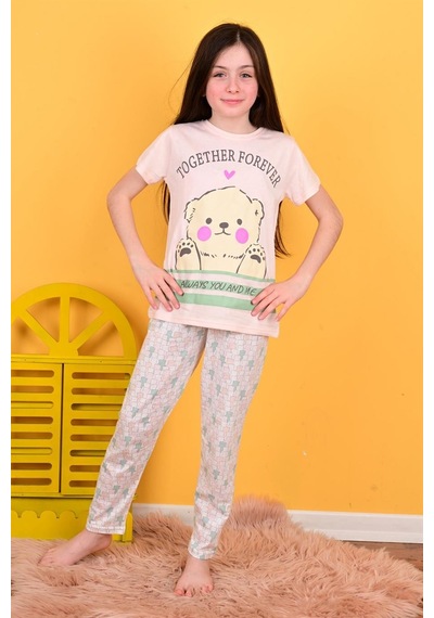 Kız Çocuk Kısa Kollu Pijama Takımı Together Forever Somon SOMON