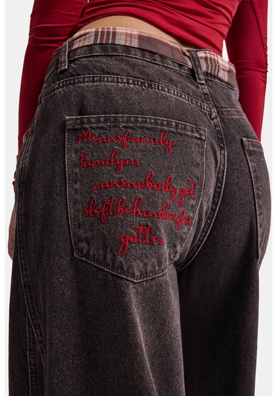 Kadın 4w6-156 Wide Leg Nakış Ve Kravat Detaylı Özel Tasarım Denim Jean Kahve