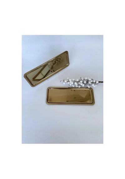 2 Adet Gold Dar Dikdörtgen Metal Sunum Tepsisi 33x13 Cm Düz Çay Kahve Tatlı Servis Tepsisi Seti Altın
