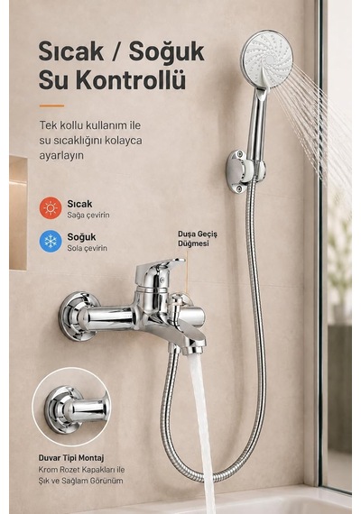 Krom Banyo Bataryası Duş Seti Mafsallı El Duşu Sıcak Soğuk Mix Musluk Ve Duş Başlığı Set