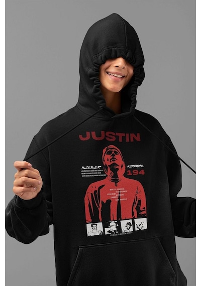 Justin Bieber Baskılı Unisex Oversize Şarkıcı Hoodie Siyah