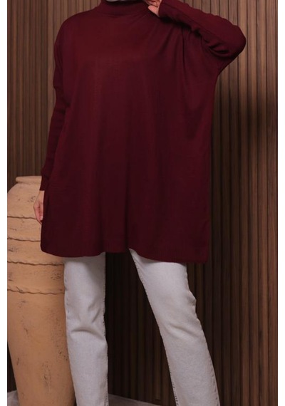 Balenbi Kadın Dik Yaka Basic 80cm Salaş Oversize Triko Tunik 1145 Bordo