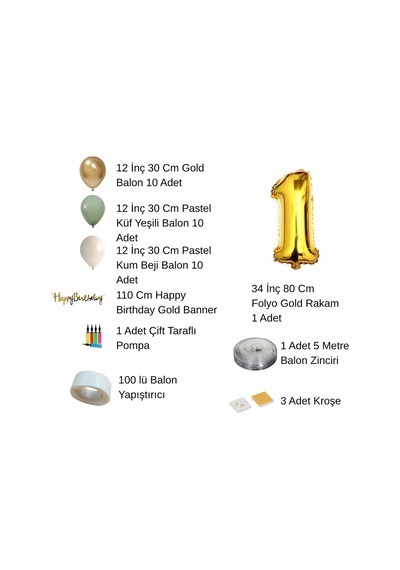 0 Yaş Pompa Hediyeli Doğum Günü Seti Gold Banner Krom Gold Küf Yeşili Kum Beji Balonlar Gold Folyo Rakam Çok Renkli