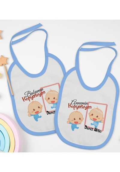 Bk Kids Kişiye Özel Anne Ve Baba Tasarımlı 2 Li Mavi Mama Önlüğü- Mavi