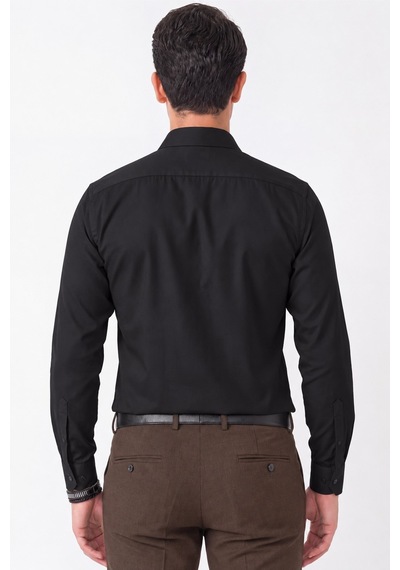 Siyah %100 Pamuklu Nefes Alabilir Kolay Ütülenebilir Uzun Kollu Slim Fit Gömlek Gk 766