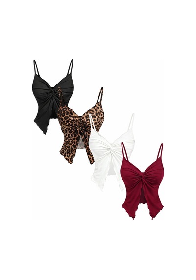 Wild Flower Leoparlı 4lü Set Ön Büküm İnce Askılı Alaçatı Crop Çok Renkli