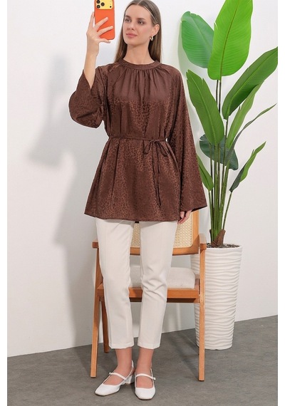 Bigdart Kadın Çizgili Bağcıklı Oversize Tunik 50009 - Kahverengi