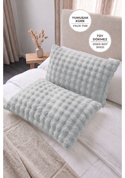 Bubble Kürklü Peluş 2'li Yastık Kılıfı 50x70 Cm Tavşan Tüyü Yumuşak Supersoft Dekoratif Gri