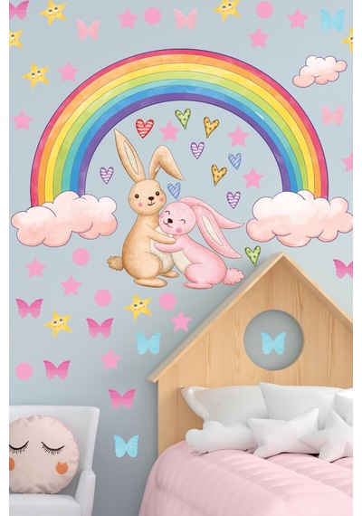 Gökkuşağı Sevimli Tavşanlar Yıldızlar Ve Kalpler Sticker